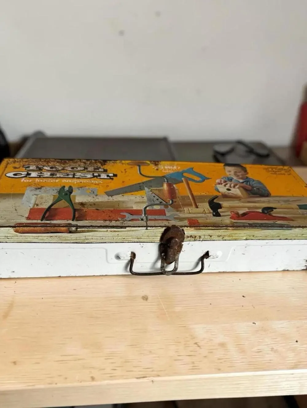 Tool Chest Vintage Junior Tools Star, Tin Lithographed Lid, Blue Plastic Saw